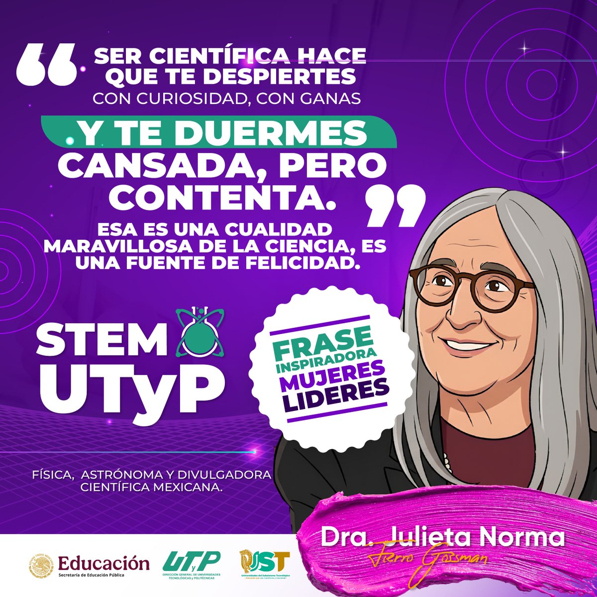 STEM_UTYP's tweet photo. La Dra. Julieta Fierro Gossman nos recuerda que el conocimiento no solo transforma al mundo, también puede convertirse en una fuente de alegría y satisfacción.

#STEMUTyP #MujeresLíderes  #MujeresSTEM #NiñasSTEM #Ciencia #Tecnología #Ingeniería #Matemáticas #JulietaFierro https://t.co/UYE0WqiMna