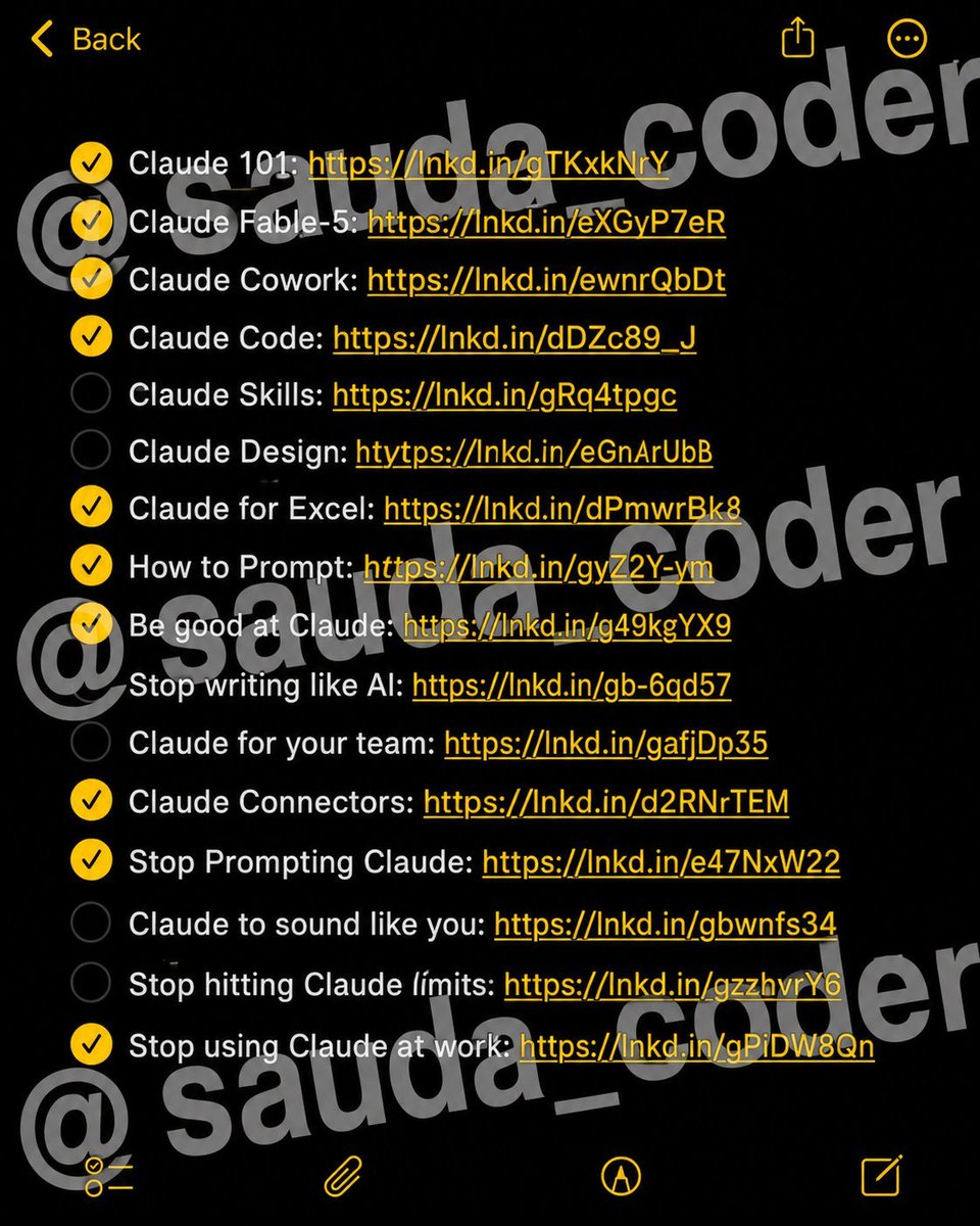 sauda_coder's tweet photo. Stop buying expensive $500 courses to learn AI.

I’ve already done it for you. With one list:

Straight to the point. Zero confusion. And no fluff.

Spend a day mastering Claude here: https://t.co/nc9g901irP

Claude 101: https://t.co/ooybUU3h7p…
Claude Fable-5: https://t.co/t54uYZ4T0P…
Claude Cowork: https://t.co/4eQoWROLgK…
Claude Code: https://t.co/nnJeZ4hmeQ…
Claude Skills: https://t.co/LTqMyLOAzg
Claude Design: https://t.co/4Qf8uEvKWZ
Claude for Excel: https://t.co/1mfgWciWHJ…
How to Prompt: https://t.co/RBTIPvneG8
Claude + Linkedin: https://t.co/HLZUpufN8m…
Be good at Claude: https://t.co/kdGIcolXFz
Stop writing like AI: https://t.co/pJ9noiei6Y…
Claude for your team: https://t.co/liQZ4k2vfd…
Claude Connectors: https://t.co/hlWCeBXqU6…
Set up Claude Cowork: https://t.co/KlRjQRwPP5…
Stop Prompting Claude: https://t.co/x64BzM6dSY…
Claude to sound like you: https://t.co/u2eeepyaV7…
Stop hitting Claude limits: https://t.co/FSSdZfxCeV…
Stop using Claude at work: https://t.co/psHQbO4opB…

If you’d love to see more content like this, don’t forget to follow @sauda_coder for more AI magic.