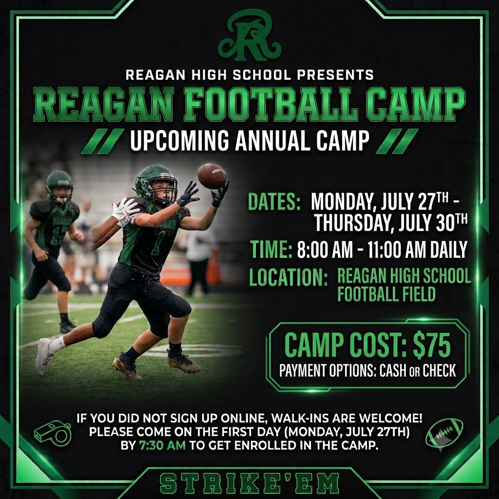 LPBoysAthletics's tweet photo. Reagan Football Camp coming up next week! We can't wait to get the Panthers back on the gridiron. #HUNTASONE #Strikeem @lopezneisd @SAReaganFball @NEISD @NeisdAthletics https://t.co/2RROfNprRc