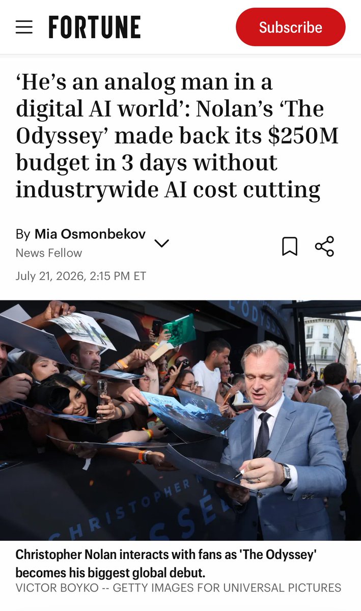 emeriticus's tweet photo. Maybe one reason people like Elon Musk wanted Christopher Nolan’s Odyssey to fail is that Nolan openly opposes the idea that AI could replace human creativity. The fact he made back the film’s budget in three days without using AI is a big middle finger to Musk and company. https://t.co/oEdkmOBMyp