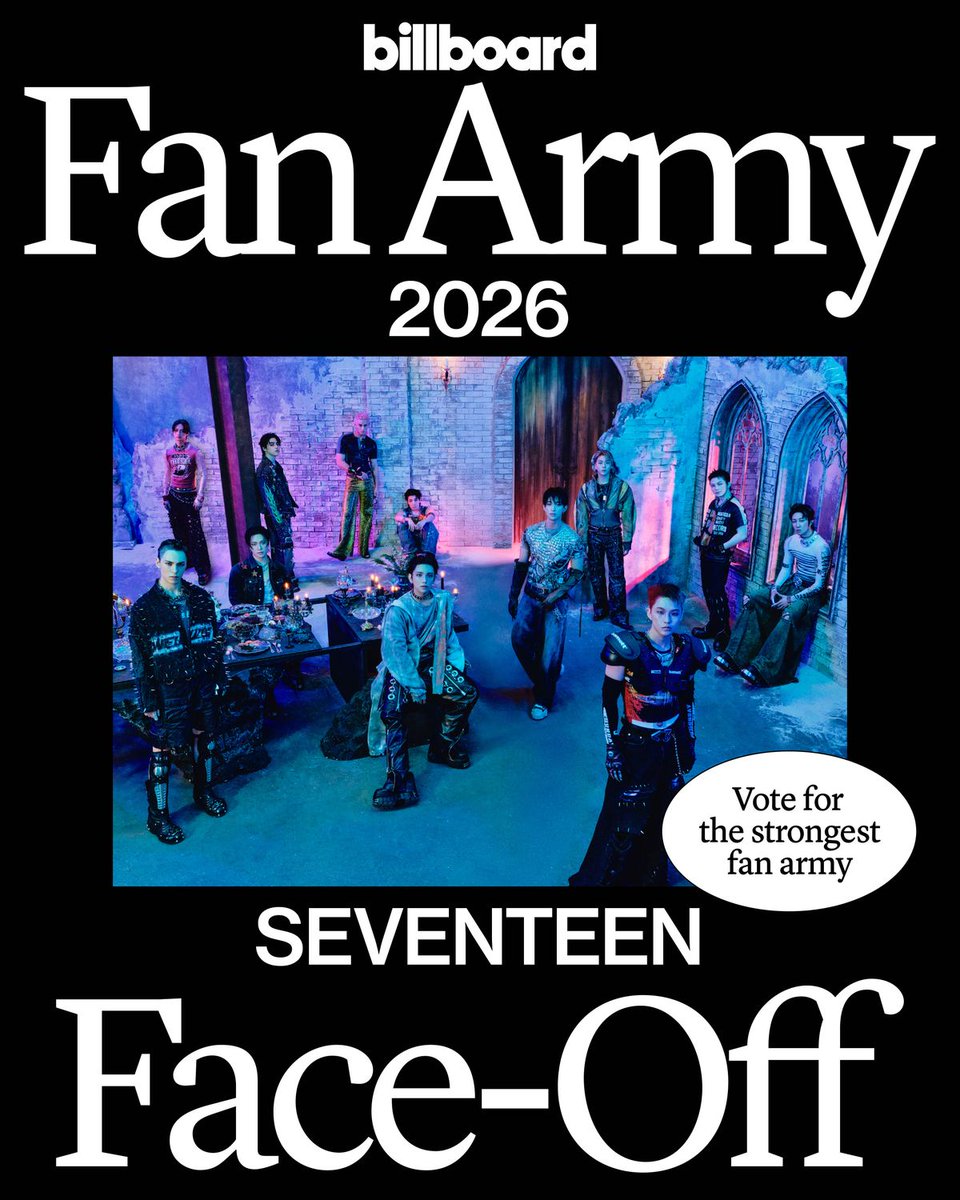 billboard's tweet photo. Two fandoms, one victor. 🏆 Vote for Bebe Rexha’s #Rexhars or SEVENTEEN’s #CARATs in Round 2 of #BBFanArmy2026: https://t.co/EGQel8MVe5 https://t.co/DNkgOXuAgF