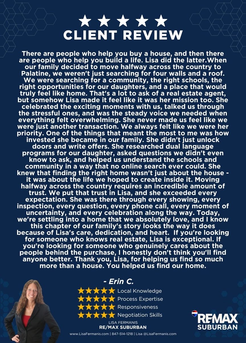 LisaFermanis's tweet photo. ❤️ Helping clients find a home is about so much more than real estate—it's about helping them find the right community.

Thank you, Erin, for your kind words and for trusting me to help your family make a successful move to Palatine! 

Lisa Fermanis
🌐 https://t.co/SHDZB2AXdu https://t.co/QjDkOSf058