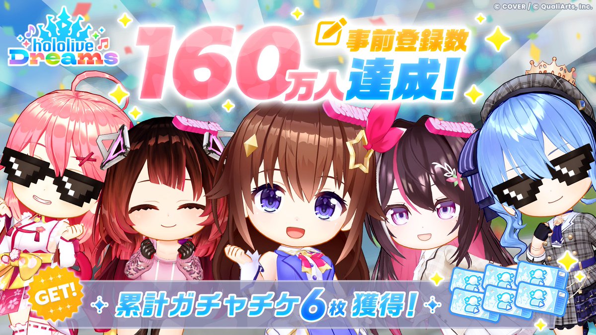 hololive_dreams's tweet photo. /／
事前登録160万人突破🎉
🏰🎶 #本日ホロドリリリース 🎶🏰
\＼

本日、全世界で正式サービス開始予定！

160万人達成報酬として、
ゲーム内で使用できる「ガチャチケット×1」をプレゼント🎫
現在ガチャチケ×6のプレゼントが決定！

さらに、すでに突破した150万人までの
達成報酬としてタレント54人全員分の「Kawaiiヘアピン」、「ドットサングラス」など
プレゼントが盛りだくさん！

みなさま、たくさんのご登録ありがとうございます✨

#ホロドリ