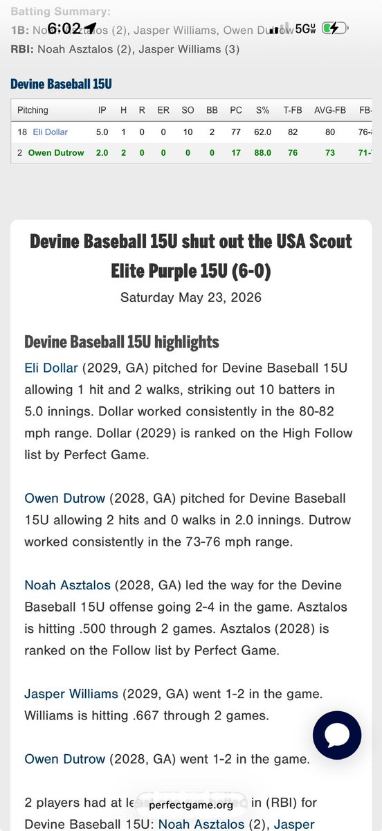 eli_dollar18's tweet photo. Solid year 15u season on the mound

FB: 81-84    2200-2400 SR
CB: 70-73   2500-2700 SR
CH: 76-77    1300 SR
IP: 28.2
ERA:  4.1
WHIP: 1.291
Ks: 35
SO-BB: 35-13
OPA: .220
FPS%: 61.3
S%: 62.4 https://t.co/P0WoVZejke