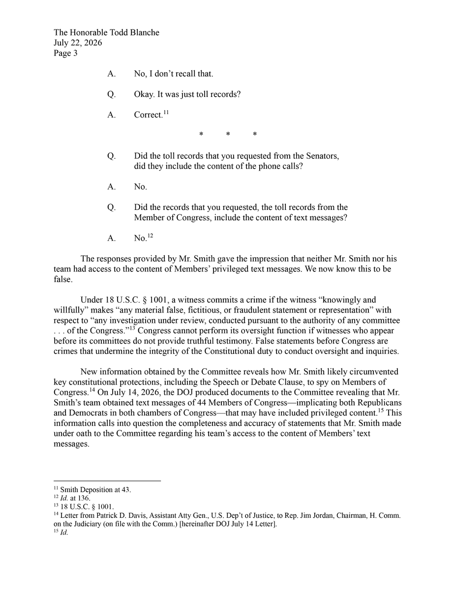 JudiciaryGOP's tweet photo. #BREAKING: Chairman @Jim_Jordan referred former Special Counsel Jack Smith to the Department of Justice for criminal prosecution.

The evidence appears to show that Jack Smith knowingly made false statements while testifying under oath before the Committee.

Read the letter ⬇️ https://t.co/yxz5rF6d48