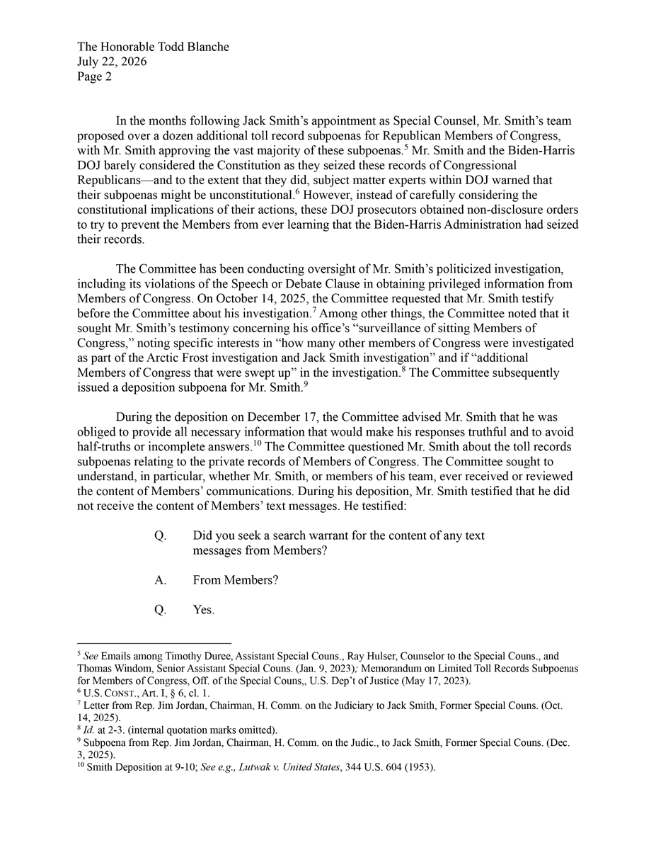 JudiciaryGOP's tweet photo. #BREAKING: Chairman @Jim_Jordan referred former Special Counsel Jack Smith to the Department of Justice for criminal prosecution.

The evidence appears to show that Jack Smith knowingly made false statements while testifying under oath before the Committee.

Read the letter ⬇️ https://t.co/yxz5rF6d48