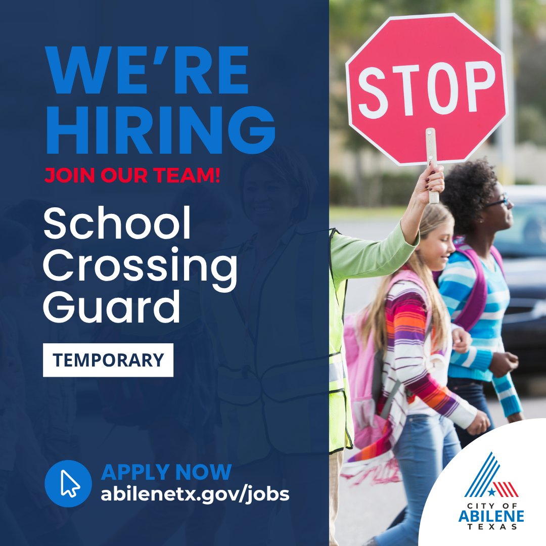 CityOfAbilene's tweet photo. 🚸Tiny footsteps, big responsibility. Help guide the next generation:  become a School Crossing Guard today! More info and apply 👉 https://t.co/8IQdVgzcUq https://t.co/eTETwNcrwG