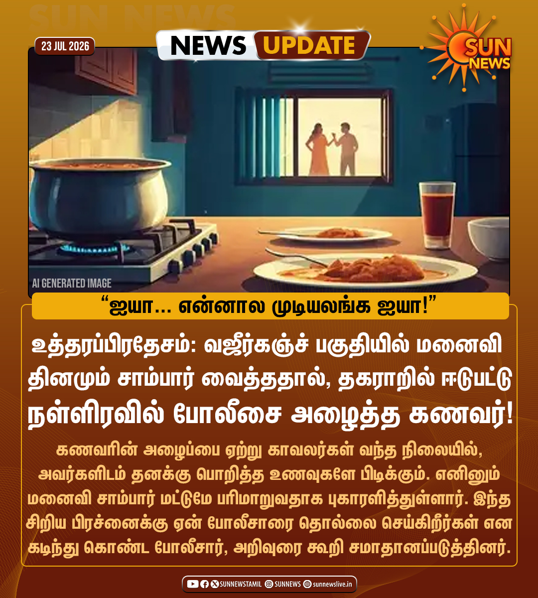 sunnewstamil's tweet photo. #NewsUpdate | சாம்பார் வைத்த மனைவி - போலீசுக்கு சென்ற கணவர்!
#SunNews | #UttarPradesh | #Sambar https://t.co/c1XDu0Qr3z