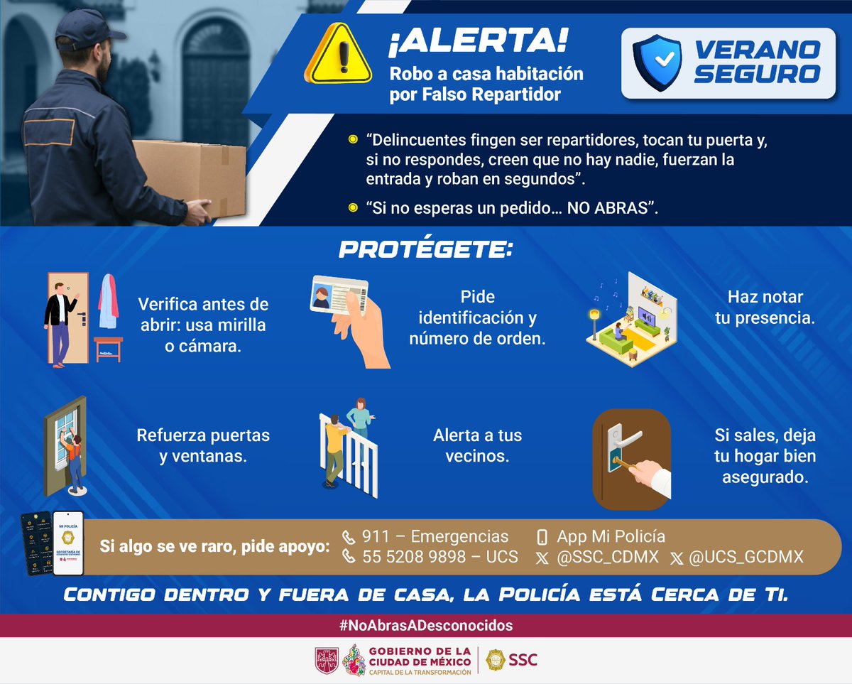 SSC_CDMX's tweet photo. #VeranoSeguro | ¡Cuidado! No permitas que un #FalsoRepartidor afecte la tranquilidad de tu familia o tu patrimonio. 👁️⚠️🏍️

🔒Antes de abrir la puerta, verifica quién está del otro lado. Si no esperas un pedido, no abras y reporta cualquier situación sospechosa:
☎️ 911
📞55 5208 9898
📱 App Mi Policía

#VacacionesDeVerano #RoboACasa
