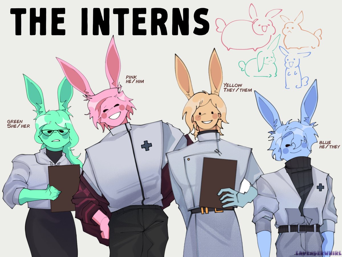 swirls_lavender's tweet photo. The little shits of the fandom 💚🩷💛💙🐰 #animalhospital https://t.co/QVh6LgDB5l
