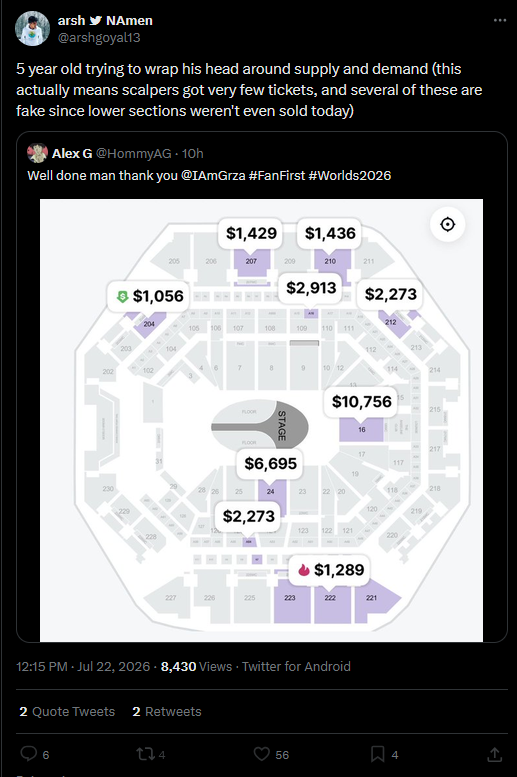 HommyAG's tweet photo. ag13 unblocked me to qrt this then instantly reblocked me but I'm the 5 year old I guess ✌️😭
Also lower sections WERE sold today, so W lying I suppose. ag13 is no stranger to lying though 🤷♂️
#FanFirst #Worlds2026 https://t.co/BftK9NCCI7