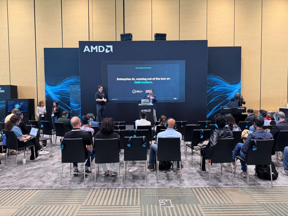 CtrlIQ's tweet photo. Day 1 at AMD Advancing AI: Brady Dibble showed how CIQ keeps AMD drivers current so new Instinct hardware works day one, no waiting on frozen enterprise kernels. RLC+ and Fuzzball round out the stack. Come find us tomorrow to talk infrastructure.

#AdvancingAI #AMD #AIInfrastructure
