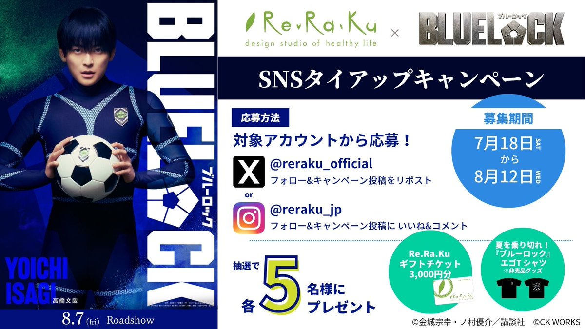 reraku_official's tweet photo. 8月7日（金）公開映画
#ブルーロック × Re.Ra.Ku タイアップキャンペーン⚽️🔥

抽選で豪華賞品を【各5名様】にプレゼント！

🎁賞品
・夏を乗り切れ！『ブルーロック』 エゴT シャツ (非売品）
・Re.Ra.Ku共通施術チケット(3,000円分) https://t.co/0H2YE5ADtM