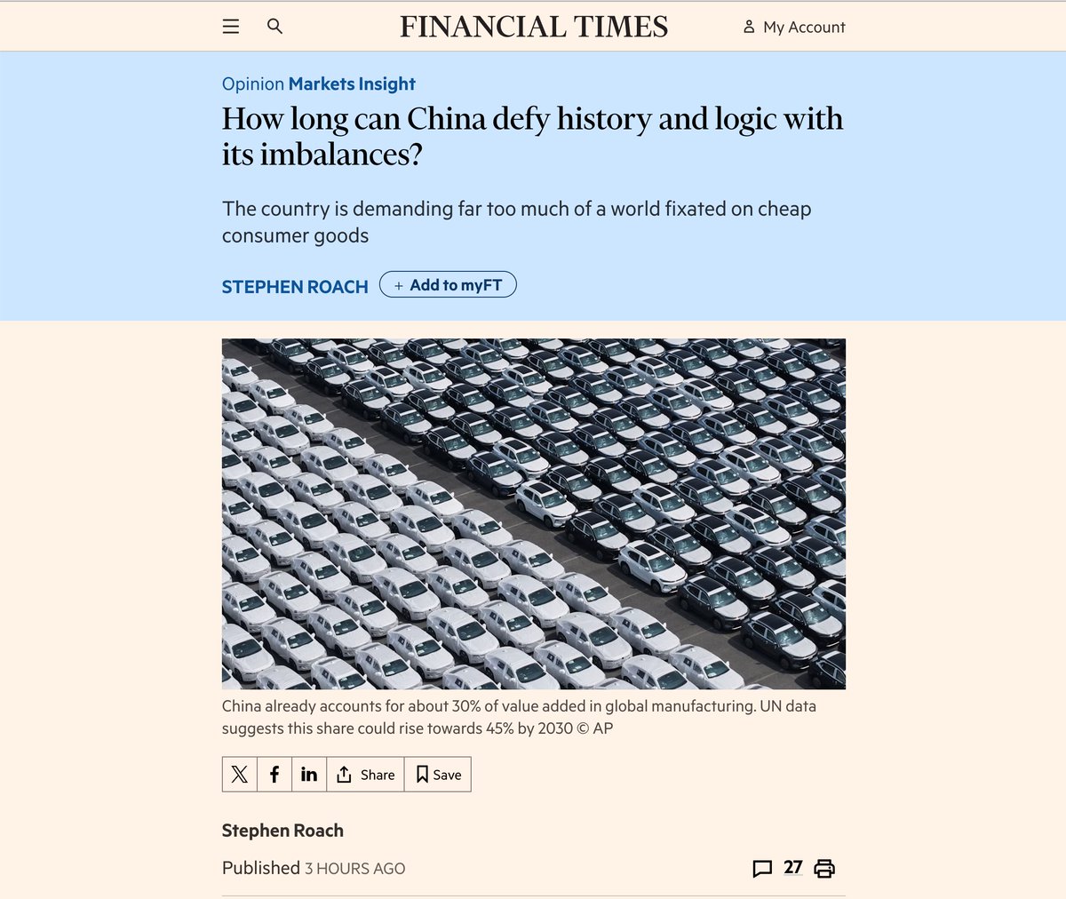 OopsGuess's tweet photo. This article is absurd.

Apparently the problem is that China makes products too cheap, too useful, and too competitive.

What should China do instead?

Produce worse goods at higher prices so Western bureaucrats can feel emotionally safe?

Consumers choose Chinese EVs because they offer better value. Nobody is holding a gun to Europe’s head and forcing people to buy them.

Orders come first.
Production follows.

That is called demand.

The West loved “free markets” when its companies were winning, outsourcing, extracting profits, and selling overpriced goods to everyone else.

Now China wins on technology, price, scale, and supply chains — suddenly it becomes an “imbalance.”

This is not China defying history or logic, but it is the West discovering that history no longer bends around its comfort.

They do not want “balance.
They want China to slow down so your overpriced, undercompetitive, bureaucratic industrial museums can survive without learning how to compete.

And invoking 2008 is hilarious.

America nearly collapsed the global economy with financial fraud, Wall Street bubbles, and paper wealth.

China built real factories, real infrastructure, real production capacity — then used real industrial wealth to help stabilize the system.

The West sells bubbles and calls it sophistication.

China builds goods people actually buy and gets accused of being dangerous.

Very normal empire logic.