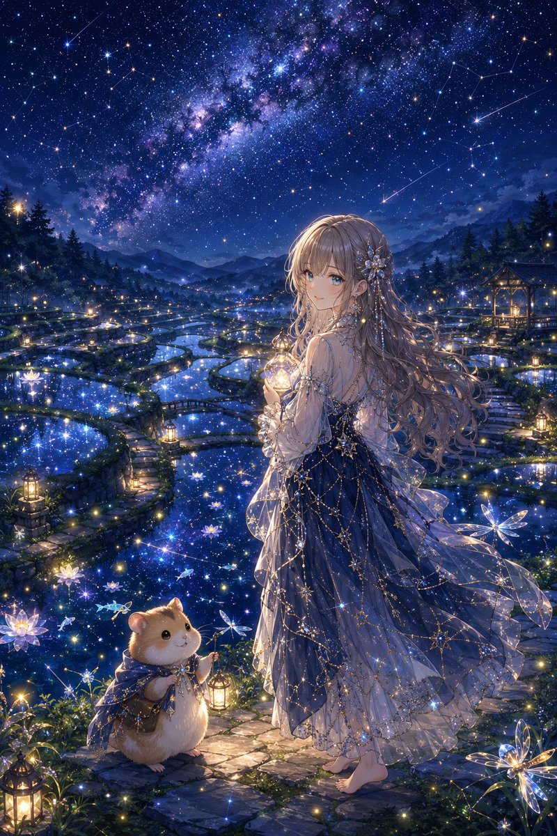 nebulanap_nagi's tweet photo. 満天の星と天の川をそのまま映し出したような、美しい棚田の夜景です✨
相棒と一緒に、柔らかなランタンの灯りを頼りに歩いています。空と水面がひとつになった幻想的な景色に包まれて、今夜も素敵な夢が見られそう。
皆様、ゆっくりお休みくださいね🌙おやすみなさい🌃
#AIイラスト #棚田 #MilkyWay https://t.co/eBdwkERUjj