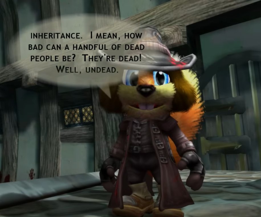 Director_Bison's tweet photo. @M0SD3V @MKUltraMoney Conker get's a Van Helsing constume during the Spooky Chapter in this version, so that alone justifies its existence. But anyway, it's not perfect, but there are upsides to the Xbox version. Like shooting guns has modern controls, so the War Chapter benefits from that. https://t.co/uBTyMAz67X
