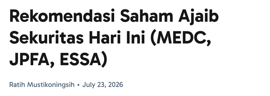 pemaspinach's tweet photo. Ajaib Sekuritas ngeluarin rekomendasi hari ini (23 Juli) buat tiga saam: $MEDC, $JPFA, sama $ESSA. Latarnya IHSG kemarin melemah tipis 0.09% ke 6.334 setelah 9 hari rally, ditambah outflow asing Rp1.1 triliun. BI Rate di 5.75% bikin pasar waswas soal inflasi. Tapi minyak Brent naik gila 6.78% WtD ke USD95.6/barel gara gara ancaman blokade Selat Bab El Mandeb sama Houthi, nah ini jadi katalis positif buat $MEDC.

$MEDC dapet Trading Buy TP 1365 (close 1320), bullish continuation pake MA5 MA20 + didorong sentimen minyak. $JPFA Accum Buy TP 2140 (close 2080), sideways aja tapi masih di atas MA5 MA20 dengan MACD masih akumulasi. $ESSA Trading Buy TP 640 (close 620), bullish spinning top katanya target ke area 670. Lumayan buat trader harian kalo mau cari gerakan jangka pendek.