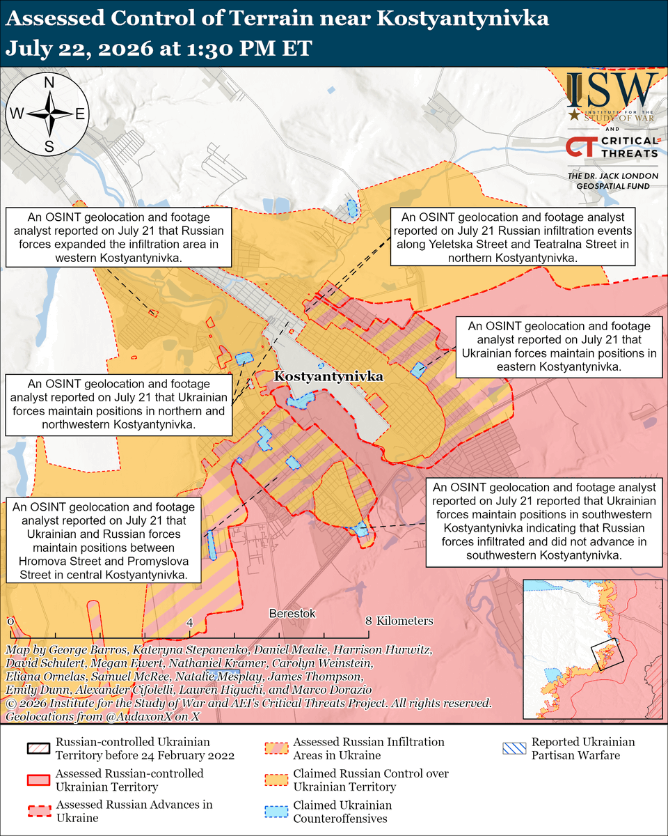 TheStudyofWar's tweet photo. NEW: The Kremlin continues to reiterate Russia’s commitment to its maximalist war aims of complete Ukrainian capitulation while Russian forces fail to achieve operationally significant gains.

Other Key Takeaways: 

The Kremlin appears to be setting conditions for potential mobilization and is preparing for possible civil unrest in Russia resulting from mobilization.

Russian President Vladimir Putin is attempting to downplay Russia’s economic problems despite the ongoing fuel shortage crisis and broader Russian economic decline.

Ukrainian President Volodymyr Zelensky appointed Ukrainian General Staff Deputy Chief Major General Ihor Skybyuk as the chief of the Ukrainian General Staff on July 22 to replace Major General Andriy Hnatov.

Ukrainian forces struck two additional logistics facilities of Russia’s largest online retailer Wildberries (roughly equivalent to Russia’s version of Amazon) overnight on July 21 to 22. Russia launched one Iskander-M ballistic missile, three Kh-59/69 cruise missiles, and 216 drones against Ukraine overnight. 
  
Russian forces recently advanced in the Kostyantynivka direction.