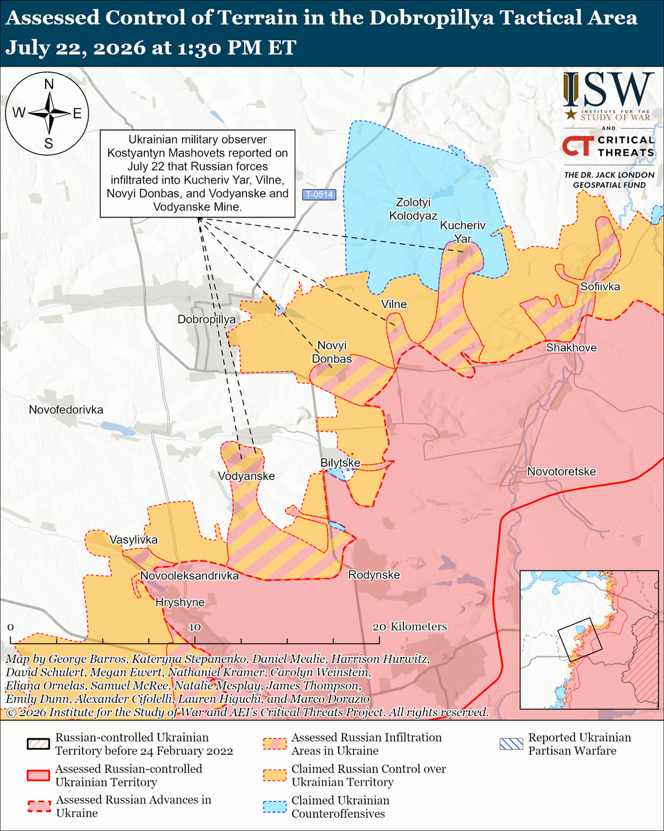 TheStudyofWar's tweet photo. NEW: The Kremlin continues to reiterate Russia’s commitment to its maximalist war aims of complete Ukrainian capitulation while Russian forces fail to achieve operationally significant gains.

Other Key Takeaways: 

The Kremlin appears to be setting conditions for potential mobilization and is preparing for possible civil unrest in Russia resulting from mobilization.

Russian President Vladimir Putin is attempting to downplay Russia’s economic problems despite the ongoing fuel shortage crisis and broader Russian economic decline.

Ukrainian President Volodymyr Zelensky appointed Ukrainian General Staff Deputy Chief Major General Ihor Skybyuk as the chief of the Ukrainian General Staff on July 22 to replace Major General Andriy Hnatov.

Ukrainian forces struck two additional logistics facilities of Russia’s largest online retailer Wildberries (roughly equivalent to Russia’s version of Amazon) overnight on July 21 to 22. Russia launched one Iskander-M ballistic missile, three Kh-59/69 cruise missiles, and 216 drones against Ukraine overnight. 
  
Russian forces recently advanced in the Kostyantynivka direction.