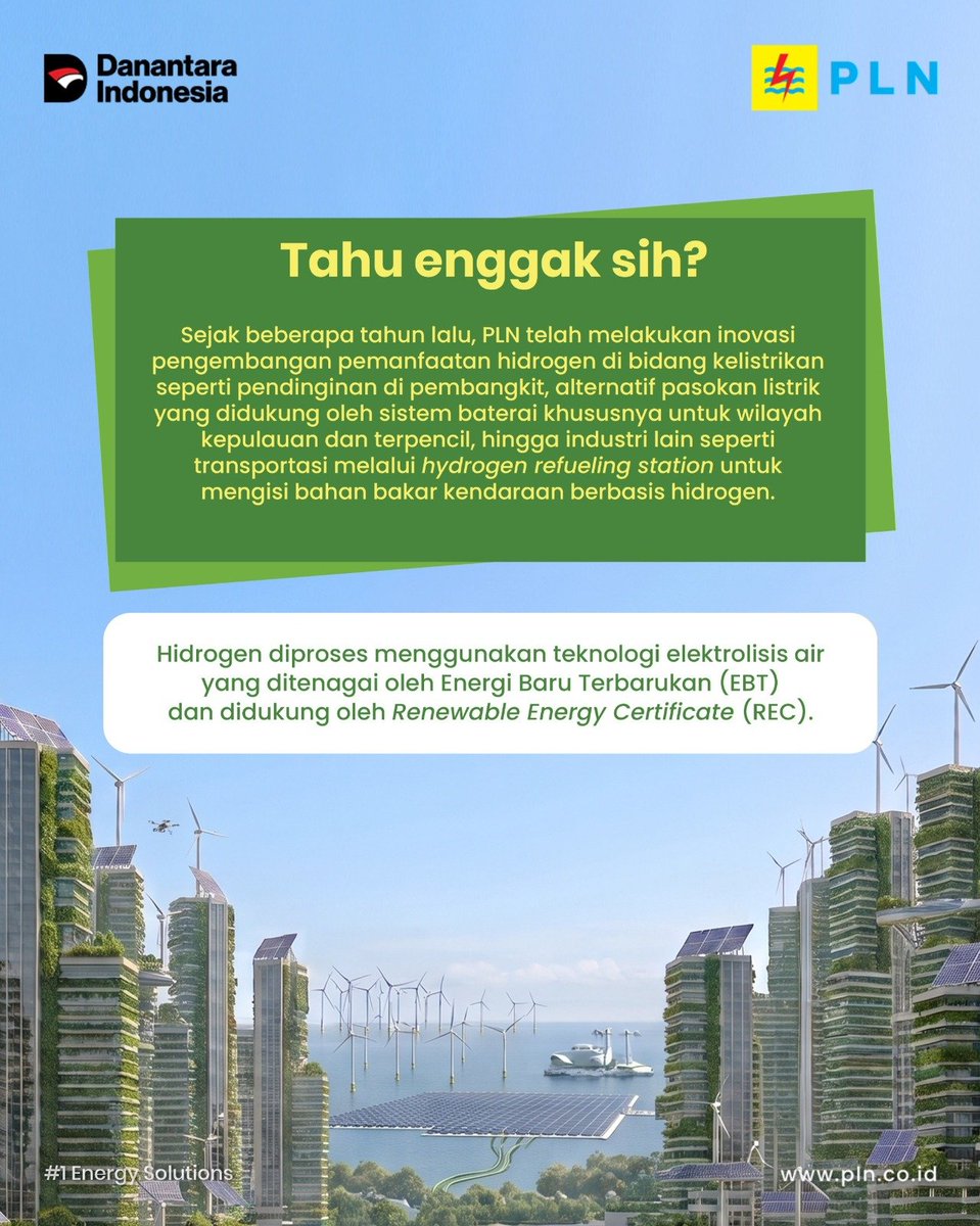 PlnUloe's tweet photo. Electrizen, PLN telah mengoperasikan 24 Green Hydrogen Plant di Indonesia dengan produksi mencapai 203,6 ton Green Hydrogen setiap tahunnya. Dari jumlah tersebut, 75 ton dimanfaatkan untuk pendinginan generator pembangkit, sementara sisanya https://t.co/5gAn7TtHty