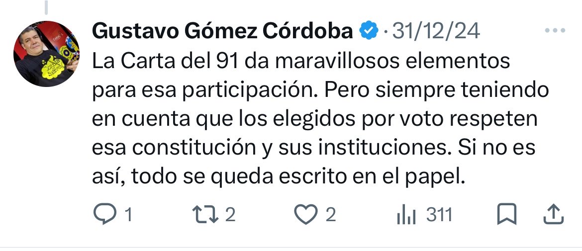 josxzel's tweet photo. @gusgomez1701 Ojalá el Gustavo del 2026 leyera al Gustavo del 2024. Resulta paradójico que ahora una reforma constitucional no suena caótico, ya no se pide respeto por la Constitución. Ustedes son una parranda de perritos falderos. Qué pena ajena dan. https://t.co/Jy8ZTvspI5