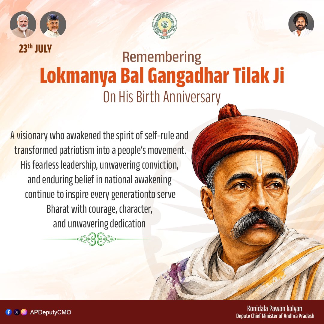 APDeputyCMO's tweet photo. The Voice That Awakened a Nation

On this day, we remember and pay our humble tributes to Lokmanya Bal Gangadhar Tilak Ji, one of the foremost architects of India’s freedom movement, whose fearless vision transformed the call for self-rule into a national awakening.

At a time when the dream of freedom seemed distant, he ignited the spirit of courage, self-respect, and patriotism in millions. His immortal declaration, “Swaraj is my birthright, and I shall have it,” became more than a slogan. It became the heartbeat of a nation determined to reclaim its destiny.

A scholar, reformer, journalist, and visionary leader, Lokmanya Tilak Ji believed that an awakened society was the greatest strength of a nation. Through education, public participation, and cultural renaissance, he united people with a common purpose and laid a strong foundation for India’s struggle for independence.

His life reminds us that true leadership inspires people to rise above fear, stand firmly for their convictions, and dedicate themselves to the service of the nation. His ideals continue to guide every generation in building a stronger, self-reliant, and united Bharat.

- @PawanKalyan