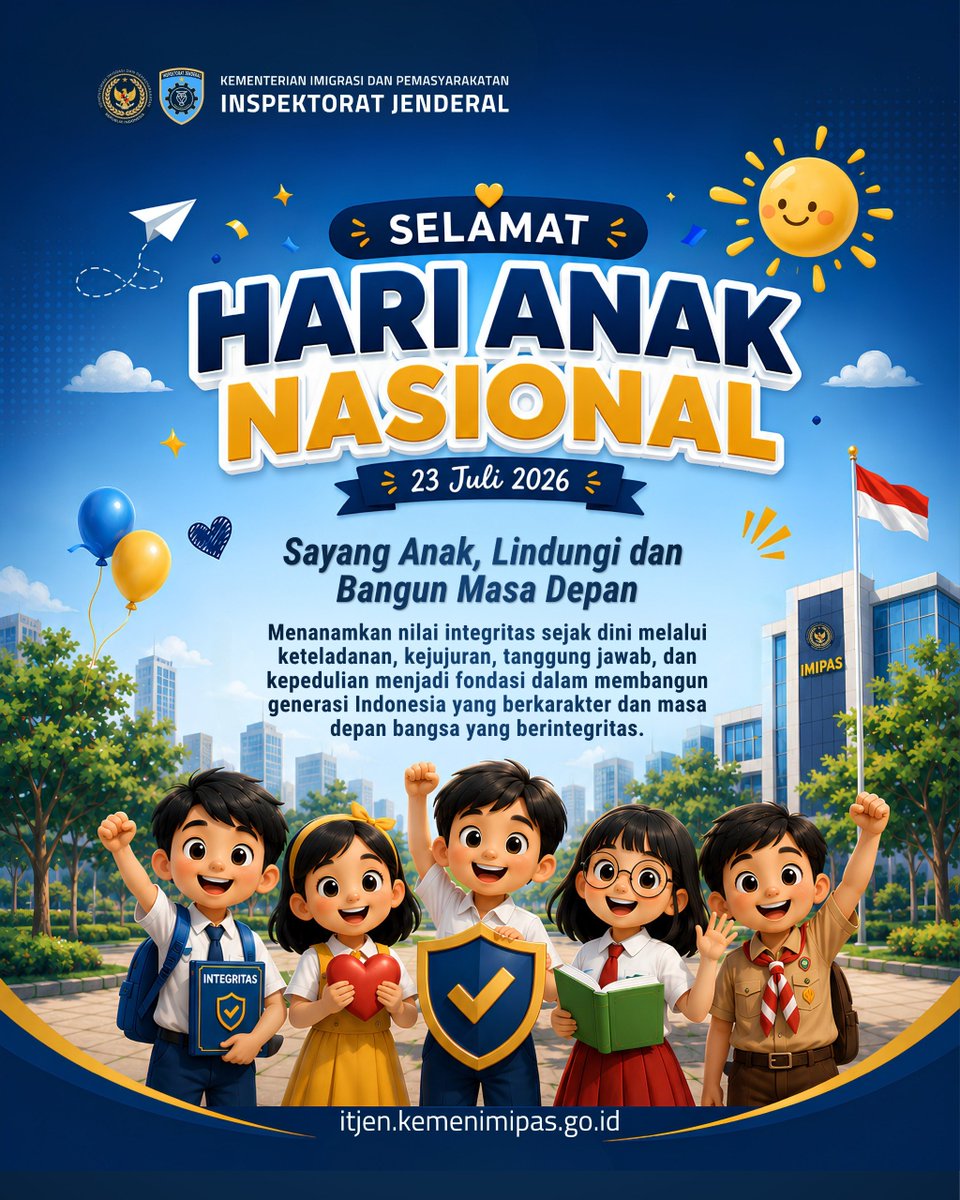 itjen_imipas's tweet photo. Di Hari Anak Nasional 2026, mari kita wujudkan tema "Sayang Anak, Lindungi dan Bangun Masa Depan" dengan menanamkan nilai-nilai integritas sejak dini. https://t.co/5vCCGcMqn1