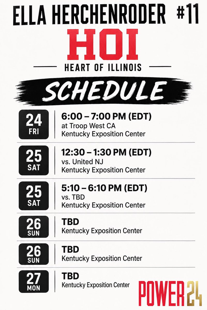 eherchen1421's tweet photo. Here is my schedule for this weekend in Louisville, Kentucky!! Can’t wait to play in the Power 24 bracket! Sunday and Monday TBD
@HeartofIllinois https://t.co/AlNQRjDyM6