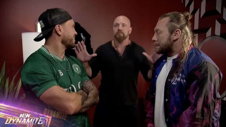 POSTwrestling's tweet photo. #AEWDynamite Results: 

- Omega/Ospreay/Moxley win, brawl ensues with Young Bucks
- Kevin Knight defeats Darby, lays out Omega
- Divine Dominion retain in No DQ match
- Bandido pins Fletcher in tag 
- Bang Bang Gang issue challenge for Double Chain match

https://t.co/FXIkE8ngRw https://t.co/w8QqCBWHAT