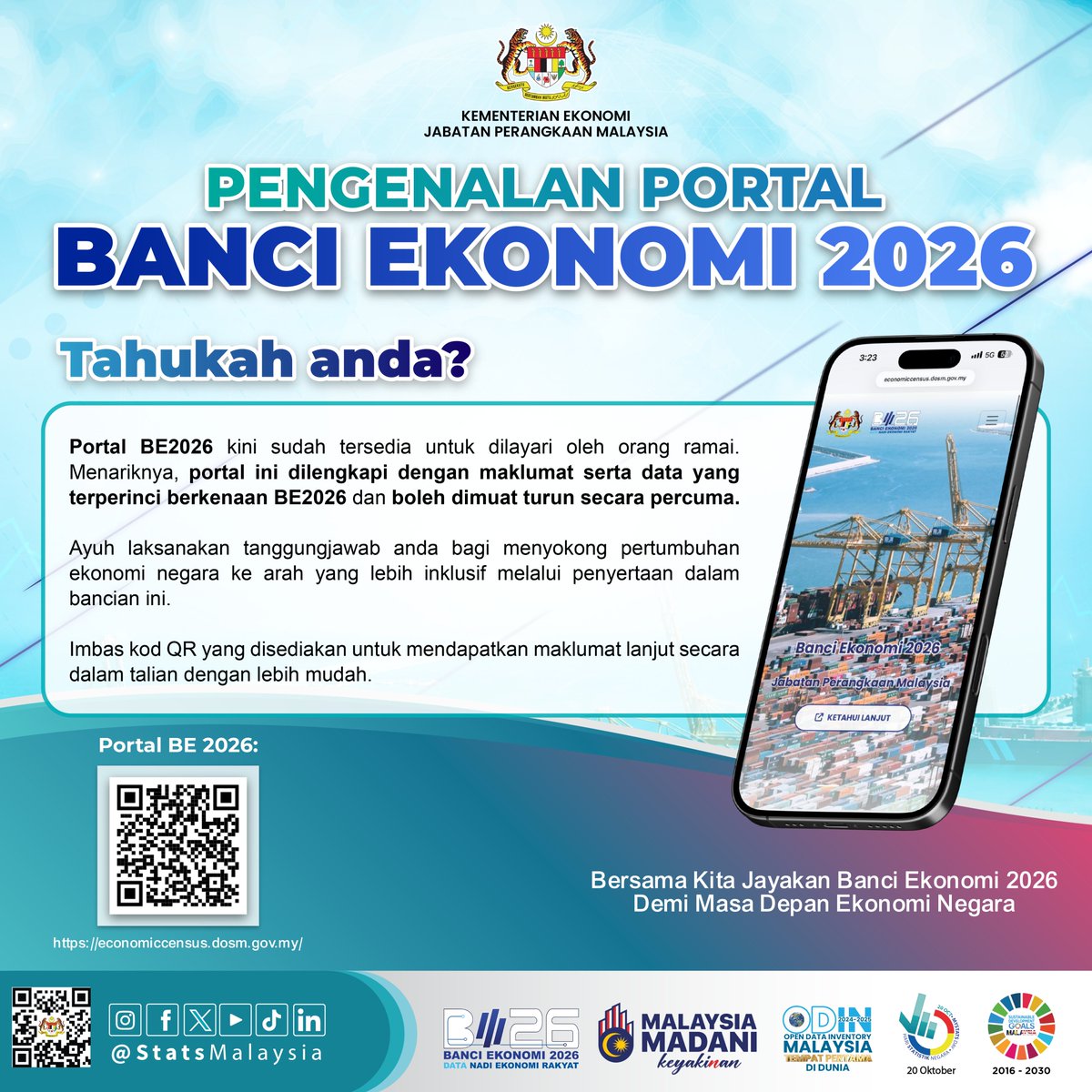 StatsMalaysia's tweet photo. PORTAL BANCI EKONOMI 2026 (BE2026) KINI SEDIA DIAKSES UMUM!📊🚀

Tahukah anda?

Portal BE2026 kini sudah tersedia untuk dilayari oleh orang ramai. Menariknya, portal ini dilengkapi dengan maklumat serta data yang terperinci berkenaan BE2026 dan boleh dimuat turun secara percuma. https://t.co/dIQb0KgDl0
