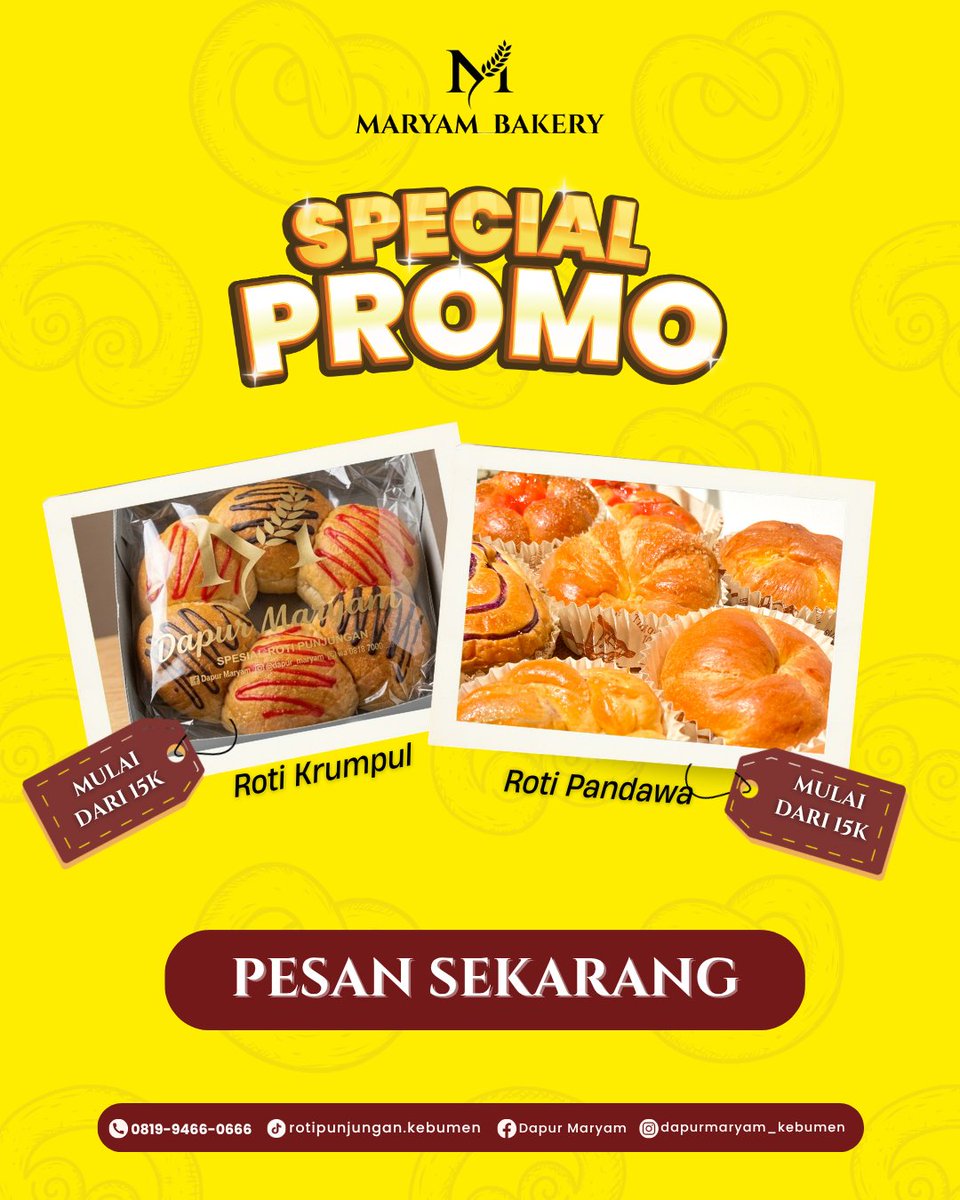 Rotimaryam_2016's tweet photo. 🥐✨ SPECIAL PROMO MARYAM BAKERY! ✨🥐
Lagi cari camilan buat keluarga, teman kerja, atau suguhan tamu? Sekarang saatnya borong roti favorit dengan harga yang lebih hemat! 😍

#kebumen #kebumenhits #kulinerkebumen #umkmkebumen #bolupunjungan #rotipunjungan #rotikebumen https://t.co/HoKHdF3Cim