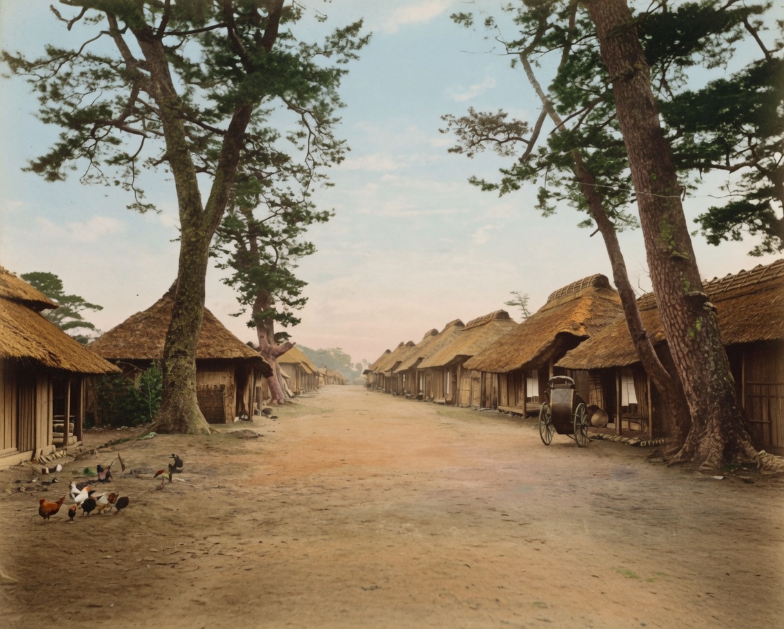 old_nippon's tweet photo. 明治時代に撮影された旧東海道・柏原宿の風景です。
街道沿いに茅葺き屋根の民家が並び、右側には人力車が止まっている様子が写されています。※彩色写真 https://t.co/XDq8xOqrsv