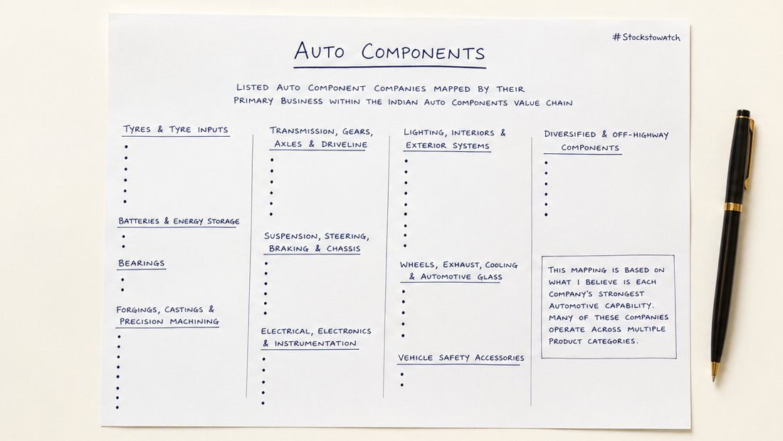 WealthEnrich's tweet photo. 🚗 Auto Components Space
72 listed Auto Component companies mapped by their primary speciality within the Indian auto components value chain:

#Stockstowatch

🛞 Tyres & Tyre Inputs:
MRF, Apollo Tyres, CEAT, JK Tyre & Industries, Balkrishna Industries, Goodyear India, Rajratan Global Wire

🔋 Batteries & Energy Storage:
Exide Industries, Amara Raja Energy & Mobility

⚙️ Bearings:
Schaeffler India, NRB Bearings, Menon Bearings
🔩 Forgings, Castings & Precision Machining:
Bharat Forge, Ramkrishna Forgings, Happy Forgings, MM Forgings, CIE Automotive India, Rolex Rings, Sansera Engineering, Craftsman Automation, Precision Camshafts, Alicon Castalloy, Rico Auto Industries, Sundaram-Clayton

🛠️ Transmission, Gears, Axles & Driveline:
Sona BLW Precision Forgings, Divgi TorqTransfer Systems, Carraro India, The Hi-Tech Gears, GNA Axles, Automotive Axles, LG Balakrishnan & Bros, RACL Geartech

🚘 Suspension, Steering, Braking & Chassis:
Endurance Technologies, Gabriel India, Jamna Auto Industries, JTEKT India, ASK Automotive, ZF Commercial Vehicle Control Systems India, Talbros Automotive Components, Kross, Frontier Springs

🔌 Electrical, Electronics & Instrumentation:
Bosch, Uno Minda, Minda Corporation, Pricol, India Nippon Electricals, Igarashi Motors India, Motherson Sumi Wiring India, Suprajit Engineering

💡 Lighting, Interiors & Exterior Systems:
Lumax Industries, Lumax Auto Technologies, Fiem Industries, Varroc Engineering, SJS Enterprises, Sandhar Technologies, NDR Auto Components, Bharat Seats, Jay Bharat Maruti, Munjal Auto Industries

🛞 Wheels, Exhaust, Cooling & Automotive Glass:
Steel Strips Wheels, Wheels India, Sharda Motor Industries, Banco Products (India), Federal-Mogul Goetze (India), Saint-Gobain Sekurit India

🪖 Vehicle Safety Accessories:
Studds Accessories

🌍 Diversified & Off-highway Components:
Samvardhana Motherson International, Tube Investments of India, JBM Auto, Uniparts India, Rane (Madras), Auto Corporation of Goa

This mapping is based on what I believe is each company’s strongest automotive capability. Several of these companies manufacture products across multiple categories, so the classification represents a best-fit primary business rather than their complete product portfolio.