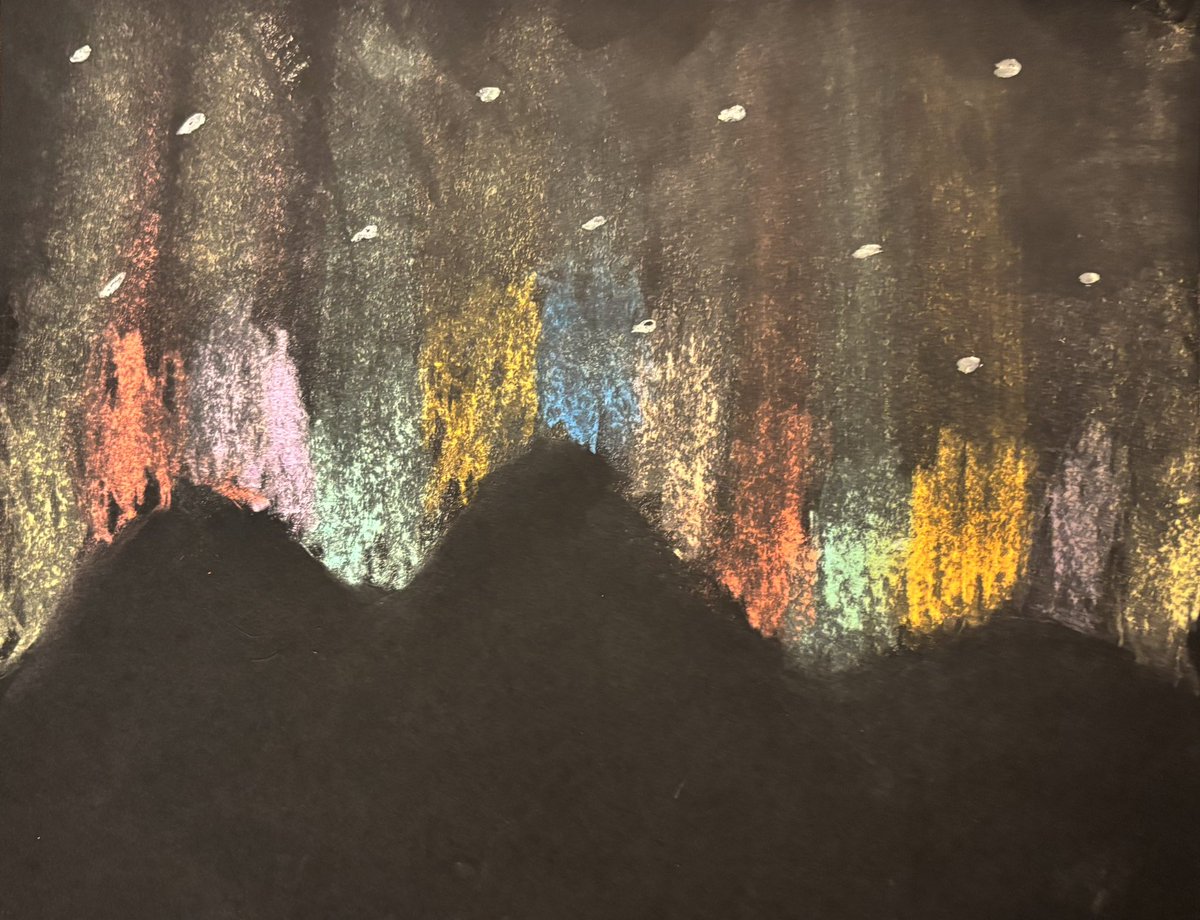 Diana99's tweet photo. My youngest came home from camp with this picture he drew today.  Everyday he comes home with a picture, but I’m framing this one!! It’s the mountains with the northern lights behind them! Beautiful ❤️ https://t.co/wsOHRU8m3i