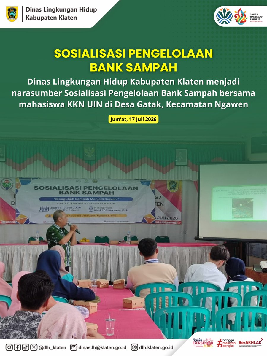 dlh_klaten's tweet photo. DLH Klaten menjadi narasumber dalam kegiatan "Sosialisasi Pengelolaan Bank Sampah" bersama mahasiswa KKN UIN di Desa Gatak, Kecamatan Ngawen pada Jum'at (17/07/2026).
#DLHKlaten #Klaten #KlatenBersinar #SosialisasiBankSampah #BankSampah #PengelolaanSampah #KKN #UIN #DesaGatak https://t.co/Qe6vTMVO03