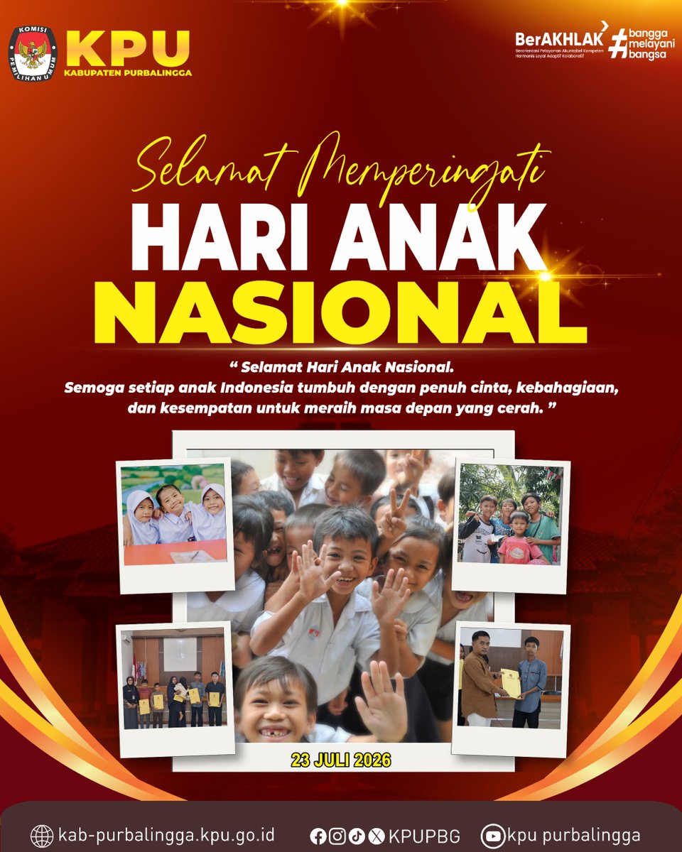 KPUPBG's tweet photo. #temanpemilih,Komisi Pemilihan Umum Kabupaten Purbalingga Mengucapkan
Selamat Hari Anak Nasional
23 Juli 2026

#kpupbg
#kpumelayani https://t.co/SqIsm2vx2r