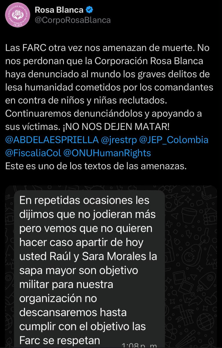 MariaFdaCabal's tweet photo. Muy grave denuncia hace @CorpoRosaBlanca de cómo los terroristas de las FARC las amenazan de muerte. 

Este es el legado de la paz de Santos y la paz cocal de Petro. 

Las víctimas desprotegidas y los victimarios privilegiados. https://t.co/DKhuwtddTZ