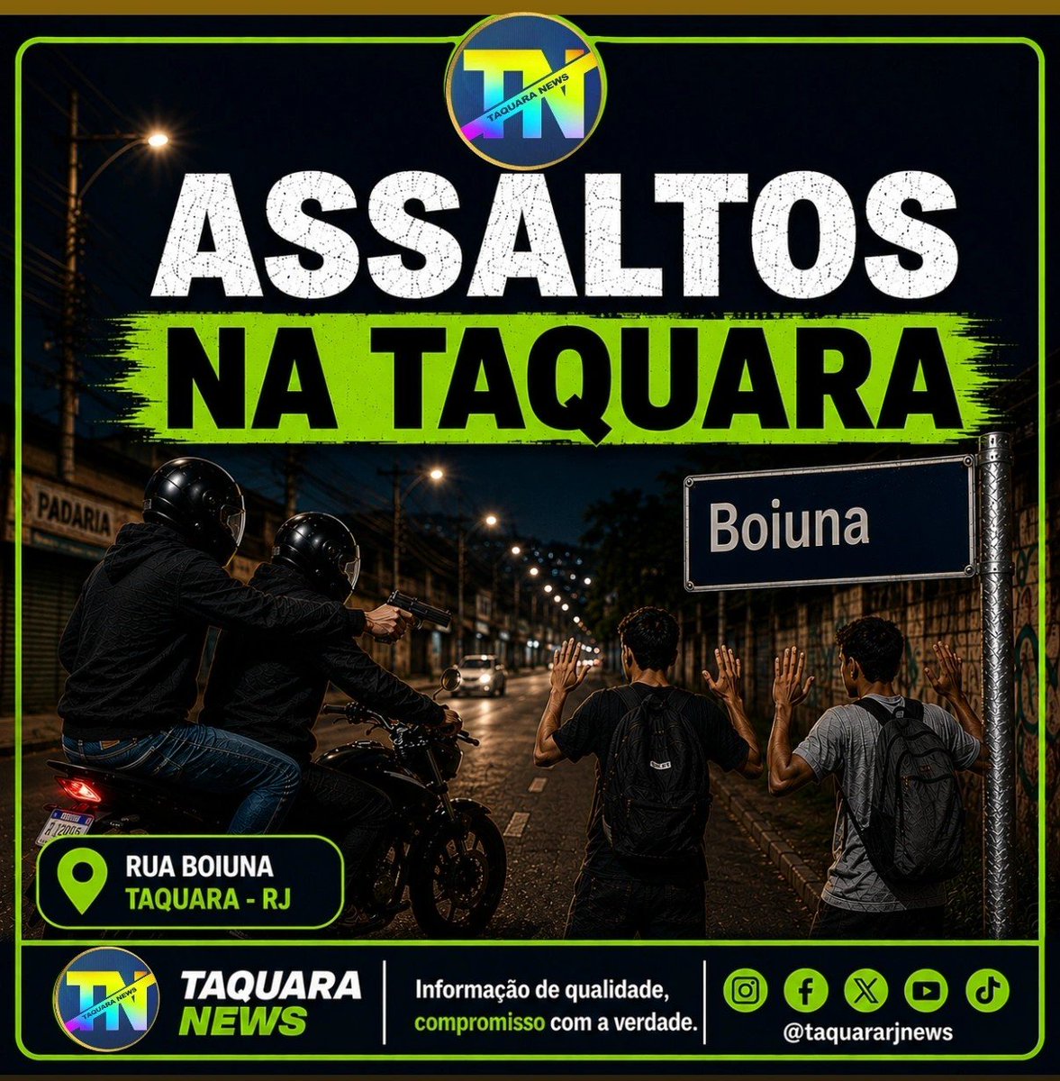 taquararjnews's tweet photo. 📣 ASSALTOS NA TAQUARA

📍 BOIÚNA 

🎙️"Boa noite. Continuam assaltando nas redondezas das ruas da Boiúna: Geólogos, Biólogos, Fisicos, Sábios, etc.. E são os mesmos assaltos por aplicativo! É surreal que o 18° BPM não está investigando esses casos. Mais uma vítima foi assaltada nesse exato momento. Cadê a investigação gente?Eles estão assaltando todos os dias e ninguém FAZ NADA! Absurdo!"

✨ #taquaranews #taquara #assalto #boiuna #alerta