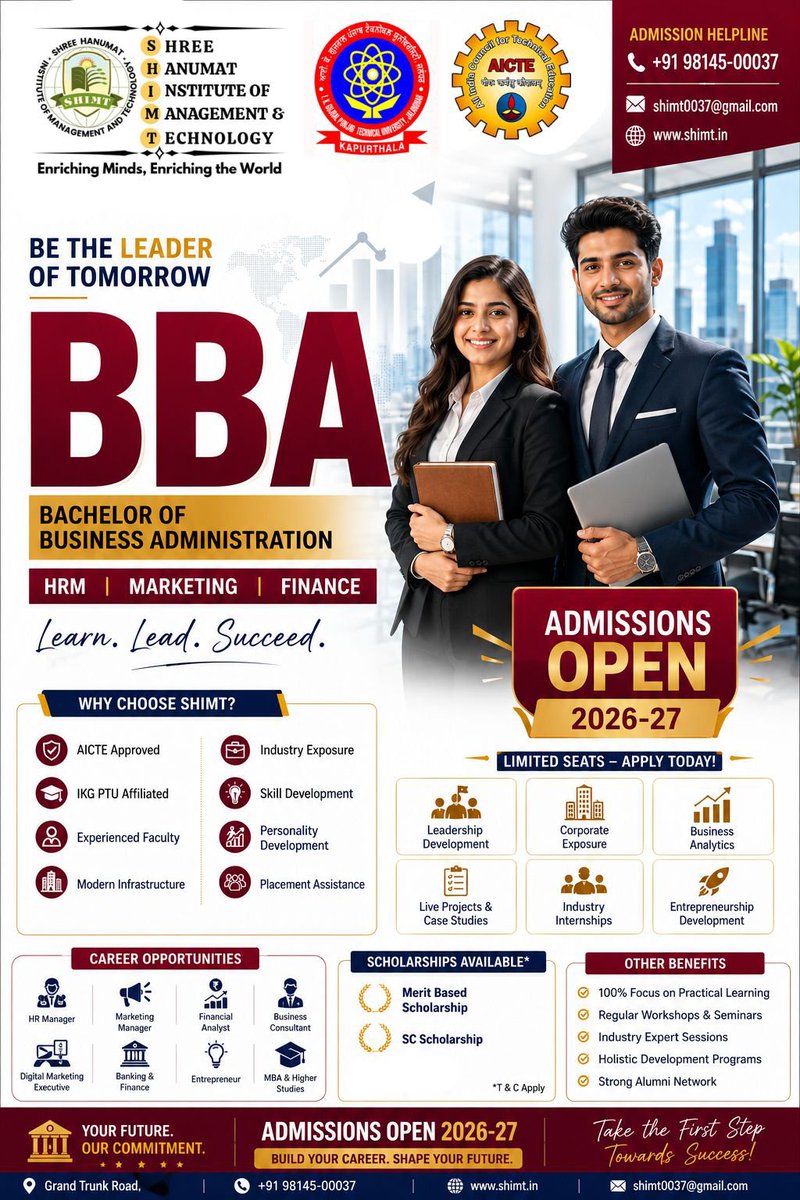 Shimt12's tweet photo. 🚀 Your journey to becoming a successful business leader starts here!
Join the BBA program at Shree Hanumat Institute of Management &amp; Technology (SHIMT) and gain the skills, confidence, and industry exposure to excel in the corporate world.
🎓 Admissions Open for Session 2026–27. https://t.co/tjo5MGi8Gl