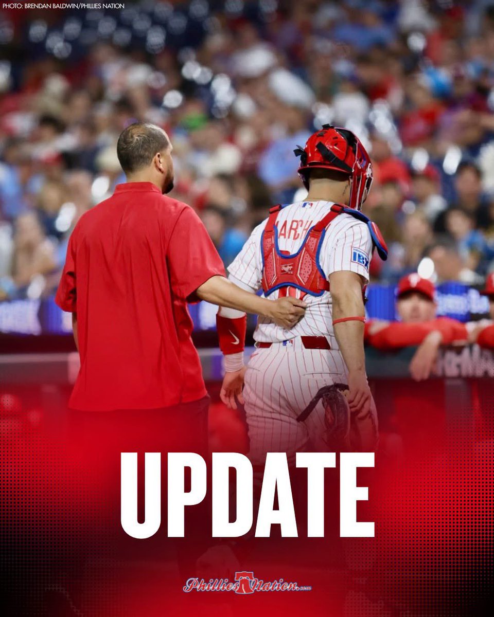 PhilliesNation's tweet photo. Backup catcher Rafael Marchán exited with left-knee pain, Don Mattingly said. He will go for imaging during tomorrow's off day.

Additionally, Justin Crawford was not available off the bench due to a migraine. https://t.co/wnXEFcp91O