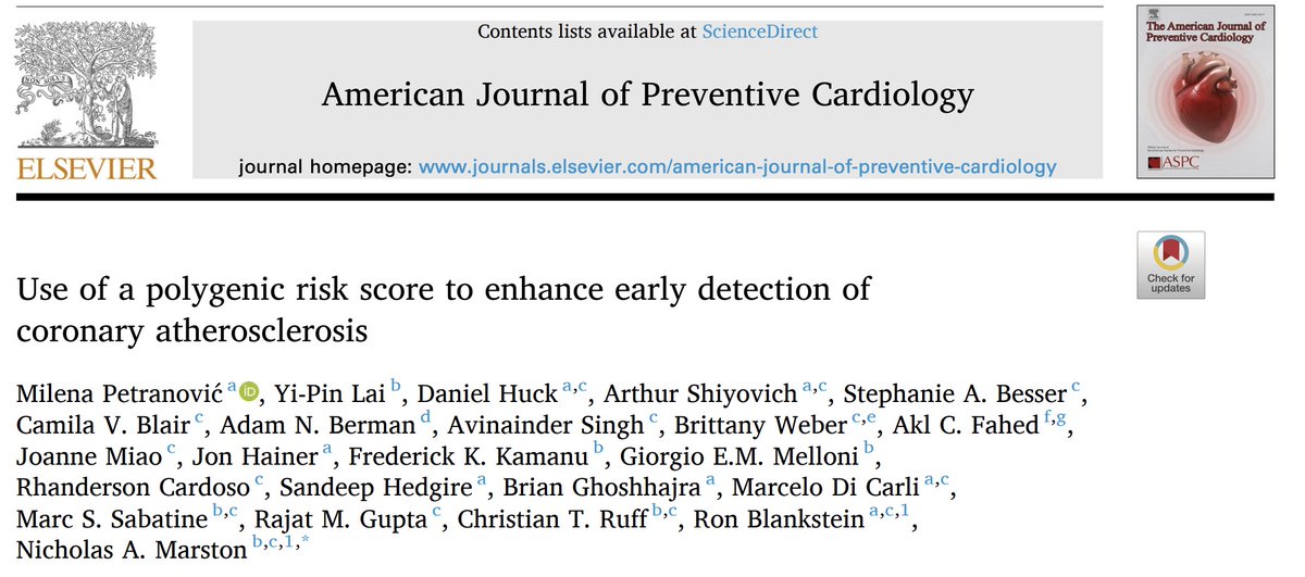 RonBlankstein's tweet photo. Our latest @MassGenBrigham #CCTA study led by Milena Petranovic @AJPCardio 

👉Individuals w/high genetic risk score developed plaque nearly 2 decades earlier 
👉Polygenic risk scores may help identify those who could benefit from earlier coronary imaging and preventive therapies https://t.co/ygLUQxFHAB