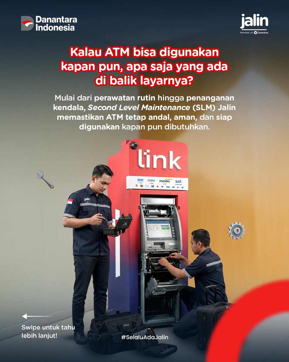 atmlinkofficial's tweet photo. Transaksi lancar dimulai dari ATM yang terawat. ✨
SLM Jalin hadir menjaga performa ATM agar selalu siap melayani kapan pun dibutuhkan. 

#MenujuSatuDasawarsa #SelaluAdaJalin https://t.co/ObubGH2rYJ