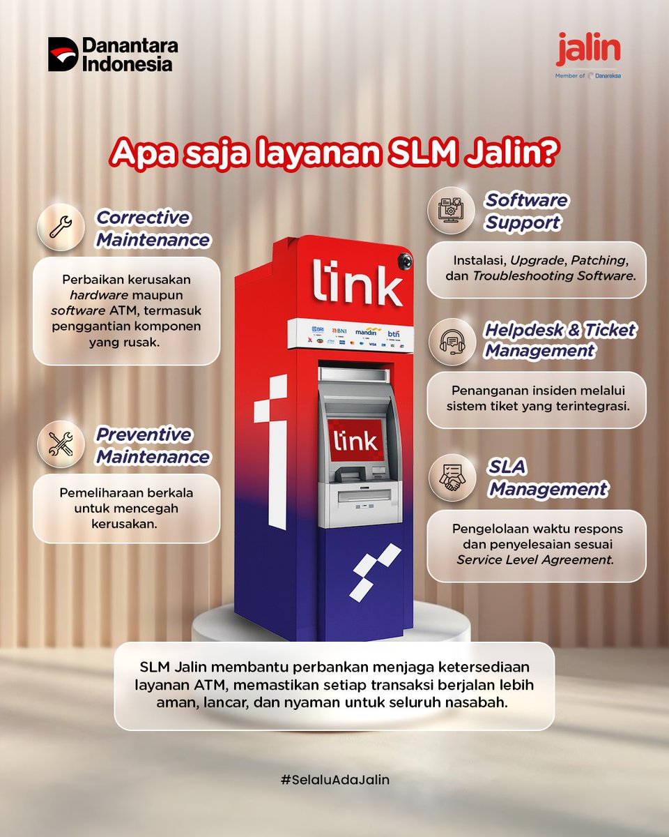 atmlinkofficial's tweet photo. Transaksi lancar dimulai dari ATM yang terawat. ✨
SLM Jalin hadir menjaga performa ATM agar selalu siap melayani kapan pun dibutuhkan. 

#MenujuSatuDasawarsa #SelaluAdaJalin https://t.co/ObubGH2rYJ