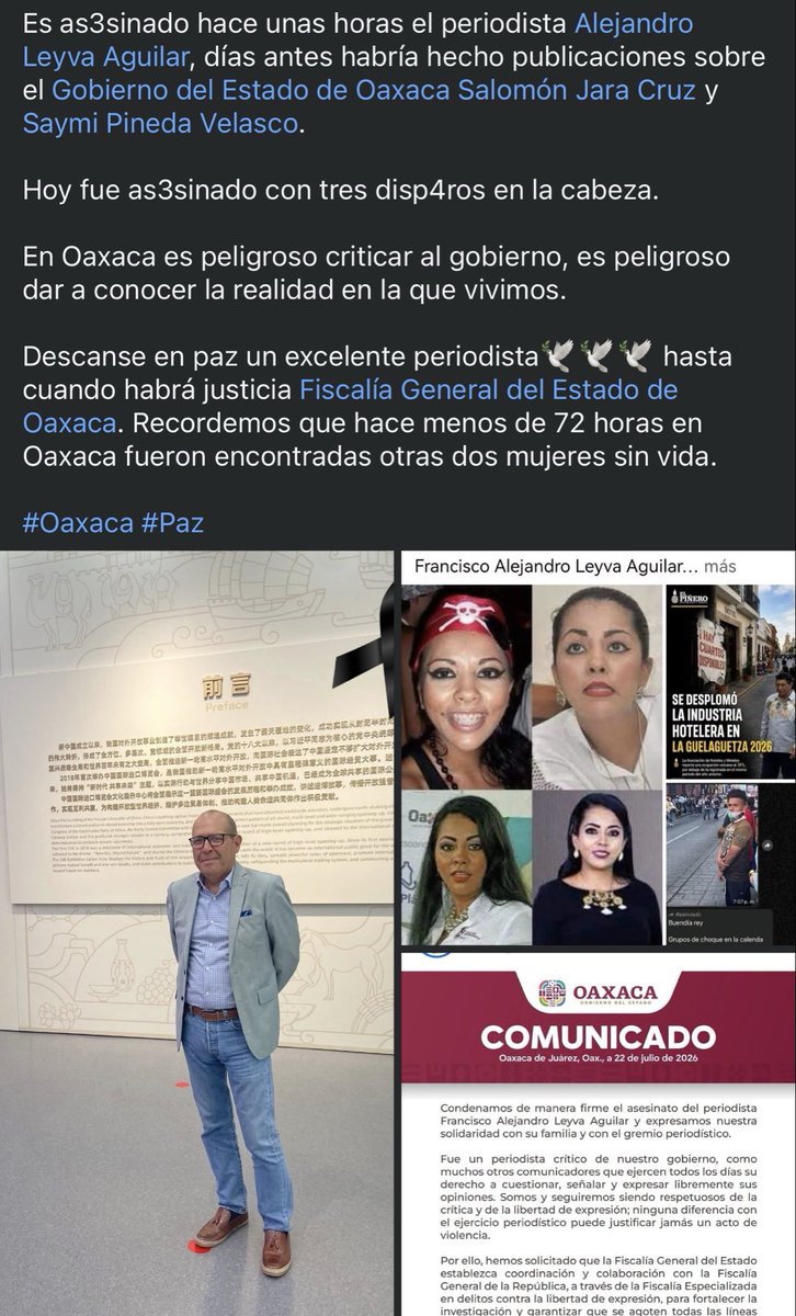 mdmendz's tweet photo. @Claudiashein En Oaxaca Salomón Jara mandó a asesinar al periodista Alejandro Leyva!!!! Necesitamos que realmente vean y se sepa lo que sucede en #Oaxaca @salomonj https://t.co/T7UIS1AlPN