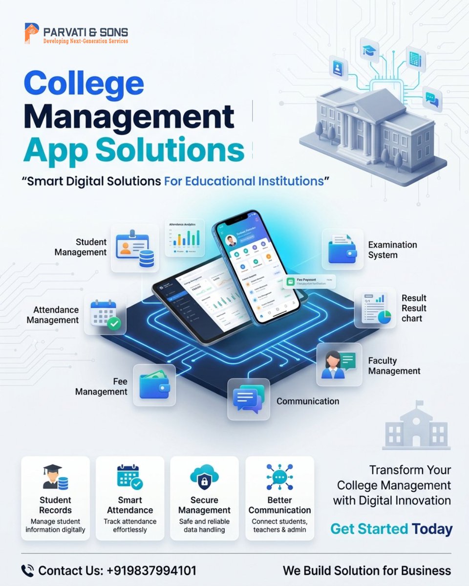 AndParvati's tweet photo. π Streamline your college operations with Parvati and Sonsβ smart College Management App Solutions β developed, designed
#CollegeManagementApp #EdTechSolutions #DigitalEducation #CollegeAutomation #ParvatiAndSons #EducationTechnology #CampusManagement #SmartCampus https://t.co/g8I7CpUAXi