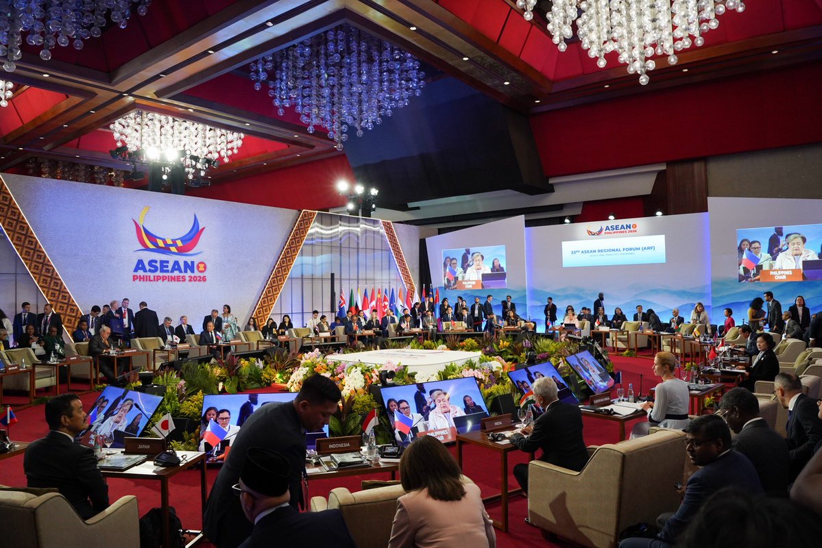 SecRubio's tweet photo. For more than 30 years, the @ASEAN Regional Forum has supported dialogue on security issues impacting the region. 

No nation has the right to restrict the free flow of commerce and travel through international waterways, including in the Taiwan Strait. https://t.co/Hf3Ugqg1Ij