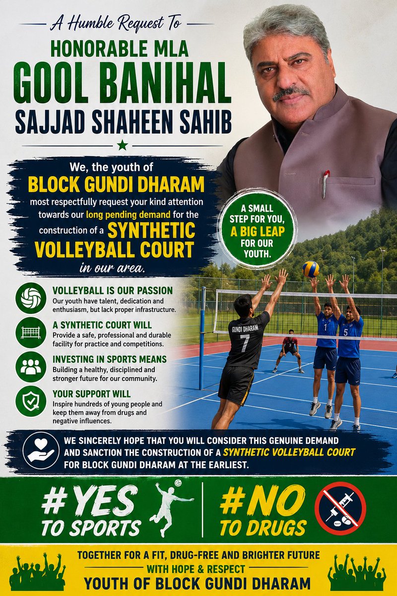 UmarFaried's tweet photo. The youth of Block Gundi Dharam have been waiting for years for a Synthetic Volleyball Court. We humbly request Hon'ble MLA @sajjadshaheen Sahib to fulfill this genuine demand and provide our talented youth with the sports infrastructure they deserve.
#Yestosports
#NotoDrugs https://t.co/qBo3mdyZms