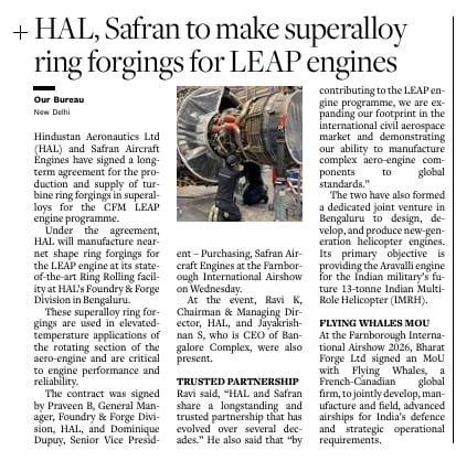 Sanjay_Sriv's tweet photo. Connecting the dots from my earlier post: Building Indian aerospace ecosystem. 🛫

It’s no longer just about MRO, India is now manufacturing the beating heart of global jet engines. 

​Following Indigo and CFM's record deal, @HALHQBLR and @SafranEngines have partnered at #FIA2026 to produce superalloy turbine ring forgings in Bengaluru for @CFM_engines LEAP engines.

​Macro Shift: Servicing ➔ Core Manufacturing:
1. ​Critical Components: HAL’s Foundry & Forge Division will produce near-net shape forgings for high-temperature engine rotating sections.

2. ​Global Supply Chain: Directly embeds Indian precision manufacturing into Safran’s global civil aerospace network.

Capabilities & Technical Mastery:
• ​Advanced Metallurgy: Local mastery of extreme-temperature alloys vital for engine safety and performance.

• ​World-Class Infra: Leverages HAL’s specialized Ring Rolling facility in Bengaluru to meet global standards.

​Make in India & Employment Impact:
•​ High-Skilled Roles: Generates specialized jobs for aerospace engineers, metallurgists, and quality experts.

• ​Complete Aero Cluster: Connects component manufacturing with local MRO, building a full end-to-end aerospace ecosystem.

#MakeInIndia #Aerospace #AeroEngines #HAL #Safran #IndiGo #AtmanirbharBharat