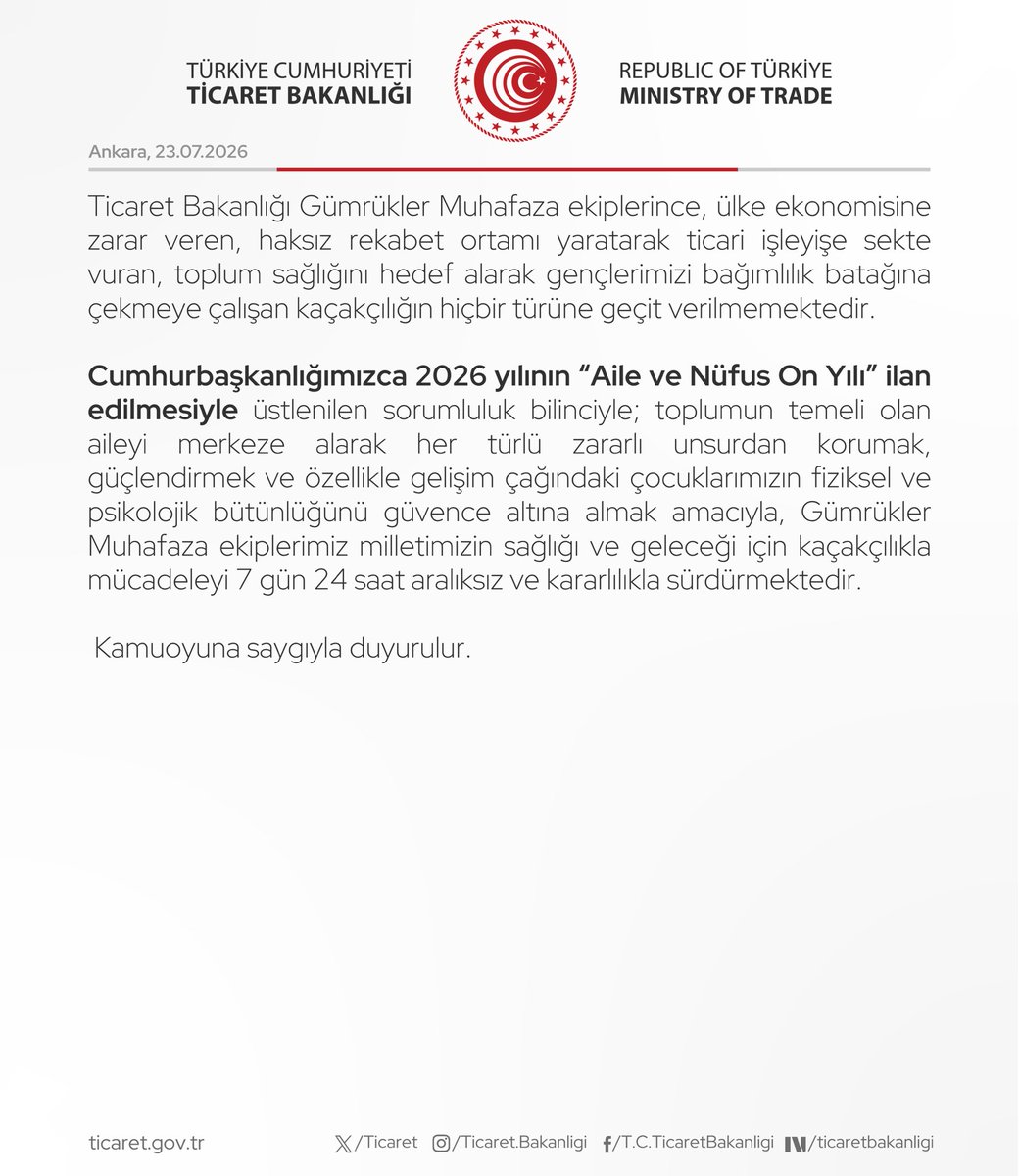ticaret's tweet photo. Ticaret Bakanlığı Gümrükler Muhafaza Ekiplerinden kaçakçılık ve uyuşturucuya geçit yok:

Ticaret Bakanlığı Gümrükler Muhafaza Ekipleri yılın ilk yarısında 3.433 farklı operasyonda 62 milyar 727 milyon TL değerinde kaçak eşya yakaladı.

2026 yılı Haziran ayında ise 640 farklı olayda 22 milyar 415 milyon TL değerinde ticari eşya ve uyuşturucu madde ele geçirildi.

(23.07.2026)