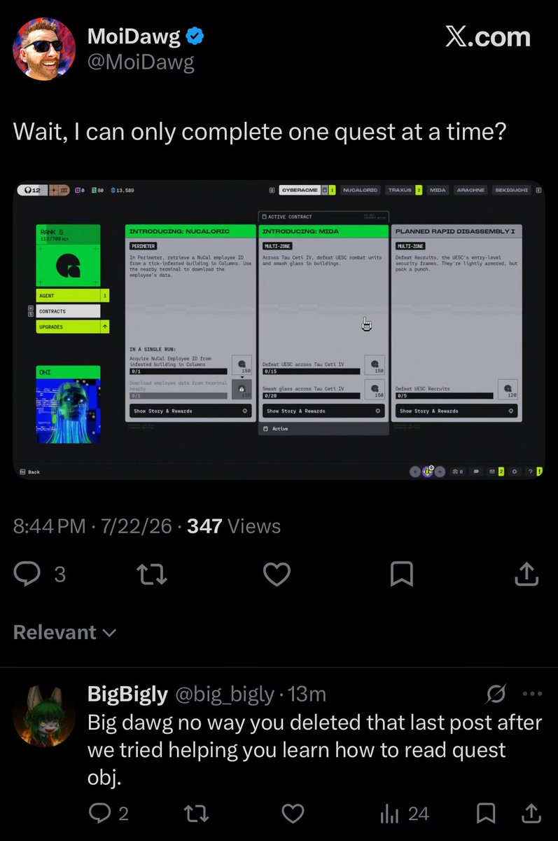 DrDashed's tweet photo. @bungieman28 he literally deleted a post where people actually tried to help him understand how to find the objectives for a quest to repost it as a different hate grift because he realized the previous one wasn’t working. No sympathy for the devil. https://t.co/8aZB7nMtAx